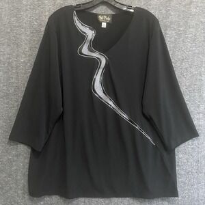 Bob Mackie Wearable Art Top Women 2X Black Artsy Embroidered‎ Stretch Tunic Goth
